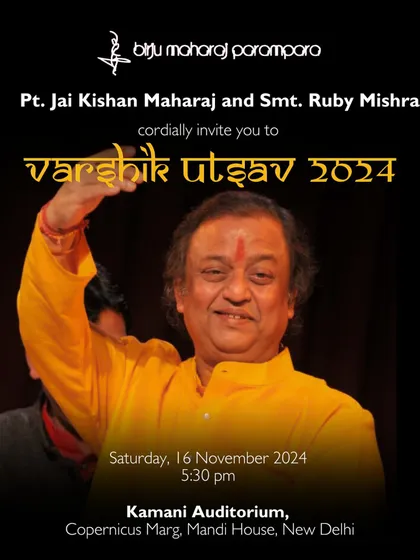 The official invitation to our Varshik Utsav 2024, featuring Pt. Jai Kishan Maharaj. We handle the complete curation of cultural evenings, from intimate baithaks to grand auditorium shows like this one.