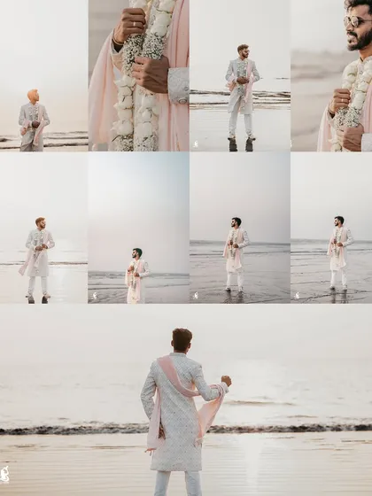 A collage dedicated to the groom's portraits on the beach, showcasing his elegant wedding attire against the serene ocean.