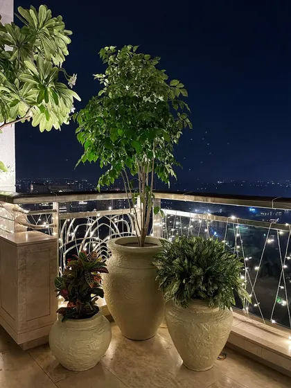 Another angle of the festive balcony makeover. The fairy lights wrapped around the railing add a magical touch and highlight the beautiful plant arrangement.