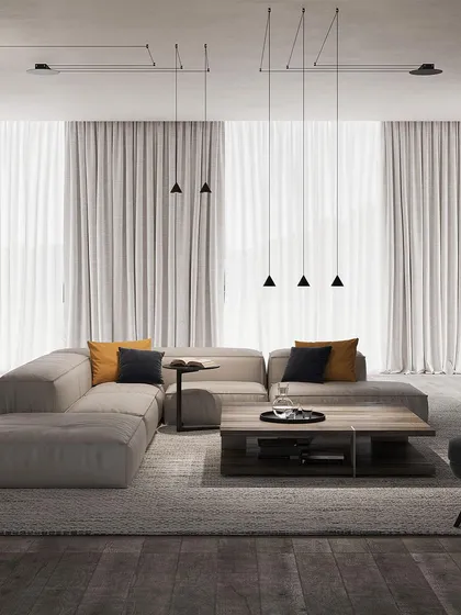 The Filomena system used to create a decentralized lighting solution in a living room. The thin black wires draw lines in space, connecting the light sources in an architectural way.