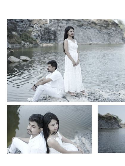 A collage of serene, lakeside photos of a couple dressed in white, perfect for a calm and romantic theme.