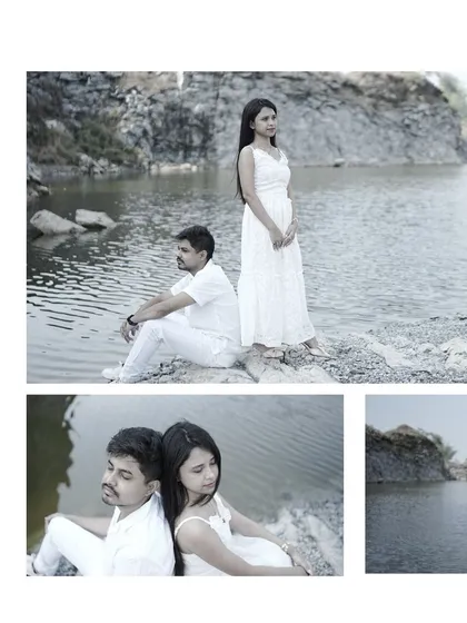 A collage showing different poses from a lakeside pre-wedding shoot, highlighting the beautiful natural location.