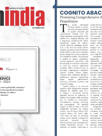 We are honored to be recognized by SiliconIndia as a Most Promising Business Service Franchise. This award reflects our commitment to providing a high-quality, structured, and supportive abacus education program across all our centers.