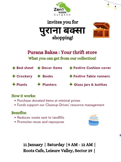 Our event poster detailing what you can find at a 'Purana Baksa' thrift store. We offer a wide range of items including bed sheets, decor, books, and planters, making it easy to shop sustainably.