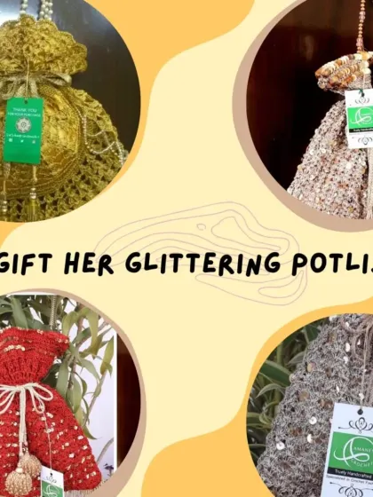 A collection of our glittering party potlis, available in various colors like gold, red, and silver. These are perfect for gifting or for adding that final, festive touch to your own outfit.