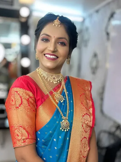The full look, showing how the makeup and hairstyle come together to create a timeless bridal appearance.