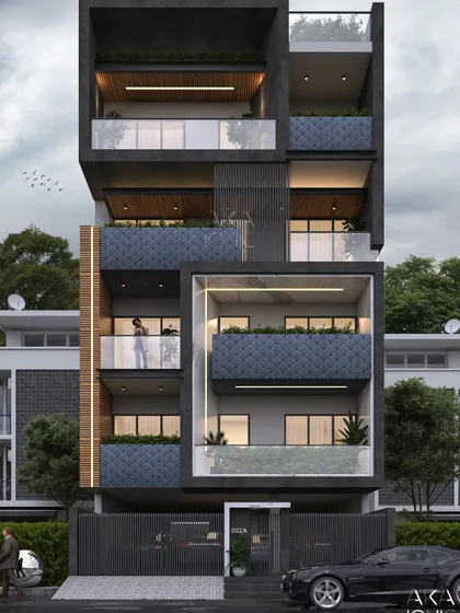 A modern facade design characterized by its bold, boxy forms and a distinctive quilted pattern on the projecting balconies. The dark color scheme gives the building a strong and sophisticated presence.