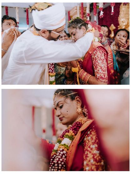A collage showing the emotional moment of the groom tying the sacred necklace on the bride.