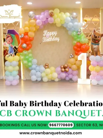 A joyful Cocomelon-themed first birthday setup. The colorful balloon arch and character cutouts create a playful and inviting atmosphere that kids and parents love.