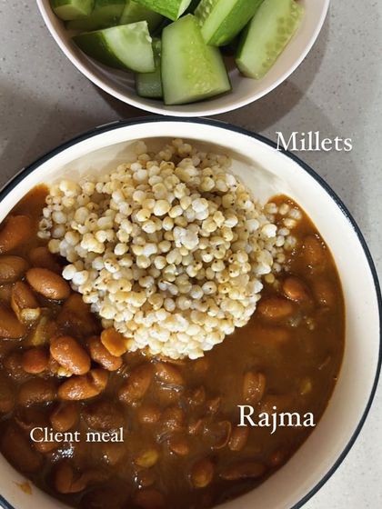 A client meal of rajma (kidney beans) with millets and a side of cucumber. A great combination of protein and complex carbohydrates.