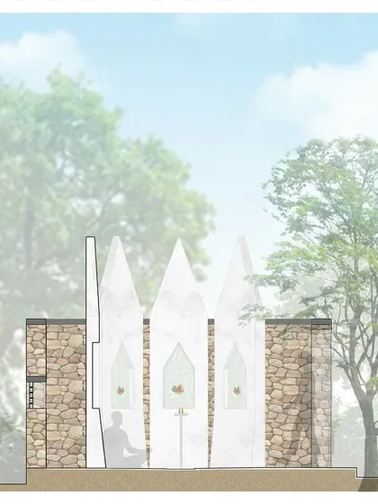 A sectional view revealing the interior of the meditation space. The design plays with light filtering through the pointed roof structures, creating a serene and spiritual atmosphere for those sitting inside.