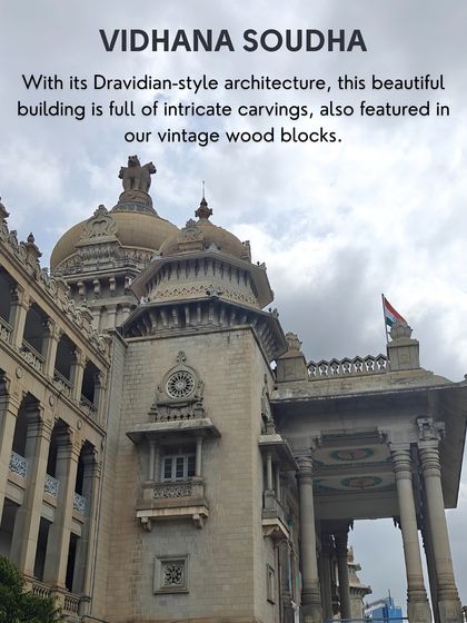 Our design practice is deeply rooted in Karnataka's rich heritage. We are proud custodians of vintage blocks featuring local motifs like the Gandabherunda, a mythological two-headed eagle, and silhouettes of the Vidhana Soudha.