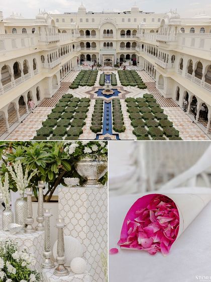 A collage of the stunning venue decor, showcasing the grand seating arrangement and fine details like petal cones.