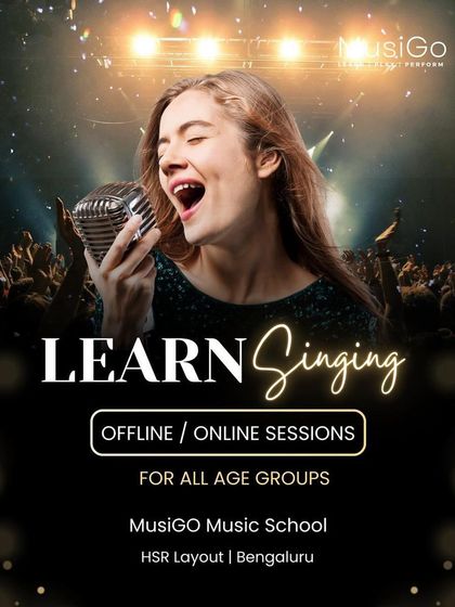 This promotional graphic invites aspiring singers to join our online or offline sessions, available for all age groups at our HSR Layout location.
