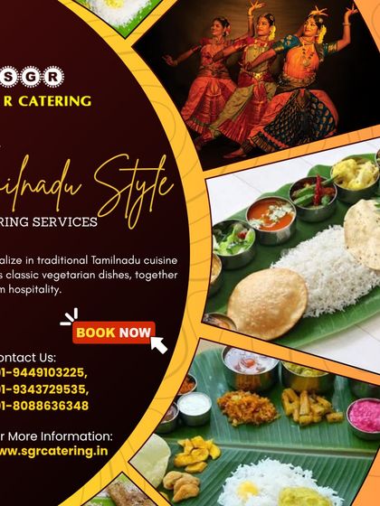 We specialize in traditional Tamil Nadu cuisine and classic vegetarian dishes. This collage shows multiple examples of our banana leaf meals, emphasizing our expertise in this authentic serving style.