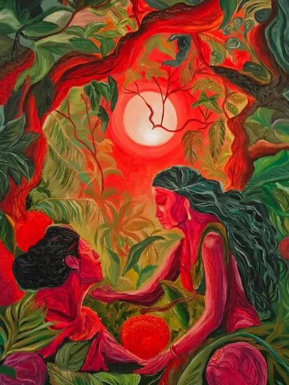 This acrylic on canvas piece, 'The promises of tomorrow', explores themes of strength and positive transformation between women. I love creating narrative art that uses symbolism, like the enlightened fruit, to illuminate a path towards a flourishing future.