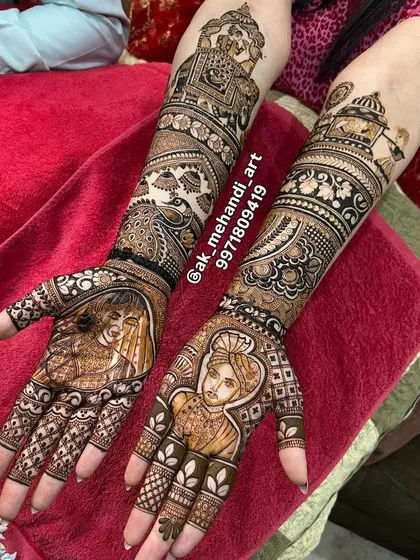 Your love story, told through mehndi. I specialize in creating custom portraits of the bride and groom, along with other meaningful symbols like this doli scene, making your bridal henna truly one of a kind.