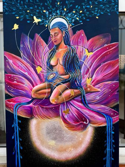 When I meditate, this is the transformation I feel. This painting shows a divine woman on a blooming lotus, cradling the universe. It represents serene acceptance and our connection to the cosmos, a perfect theme for a personal meditation space.