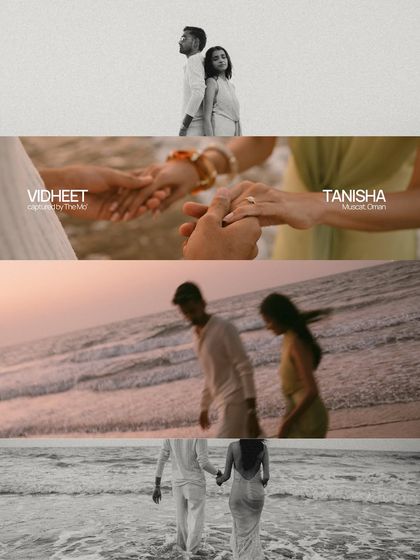 A collage of moments from a pre-wedding shoot in Muscat, Oman. It tells a story of a day by the sea, from close-ups of hands to walking along the shore, captured in a soft, nostalgic monochrome style.