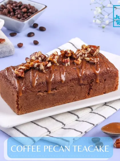 For coffee lovers, my Coffee Pecan Teacake is a must-try. It has a beautiful coffee flavour, a drizzle of caramel, and is topped with crunchy toasted pecans.