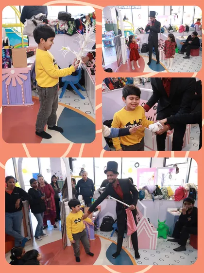 A collage of a magician interacting with the birthday boy, making him a part of the magic show.