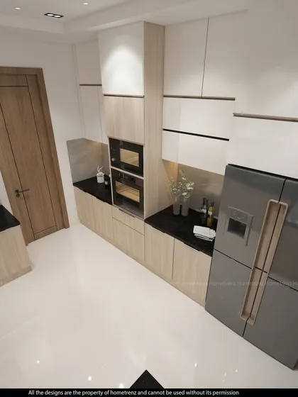 A kitchen that combines light wood-grain cabinets with white overheads and a black countertop. The layout is practical and the aesthetic is warm and modern.