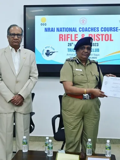 Our academy coach, Ms. Raksha, receiving her NRAI Coaching course completion certificate in Trichy, Tamil Nadu. We believe in continuous learning.