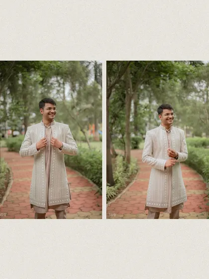A diptych of the groom, showing two happy, candid moments. These portraits highlight his smart, light-colored sherwani against the natural greenery of the park.