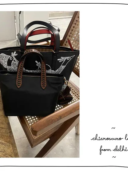 A lovely family of bags for our patron Garima. This picture shows the Short Sam tote with Gond art birds alongside a Little Lazy Hailey with a twill-woven handle, showcasing two of our favorite artistic edits.