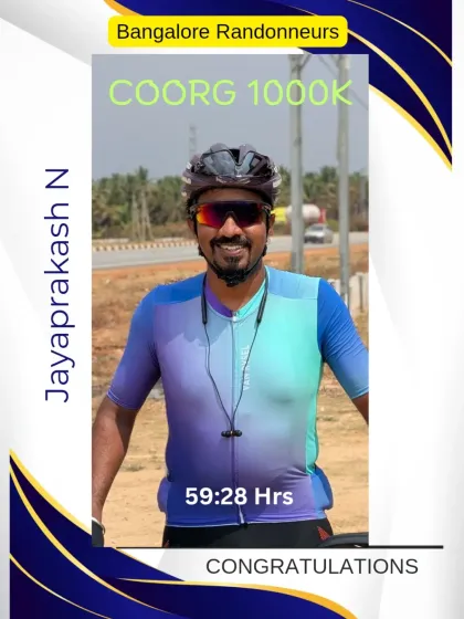 An incredible solo finish at the Coorg 1000K BRM. Jayaprakash conquered 10,000 meters of elevation, heavy rains, and fierce headwinds to finish this grueling brevet in an impressive 59 hours and 28 minutes.