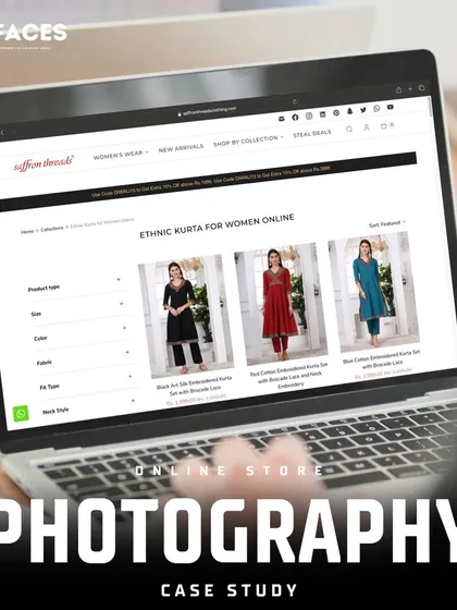 An example of an "Ethnic Kurta for Women" page on an online store, populated with our professional model photography. This shows clients how their products will look on a live site.