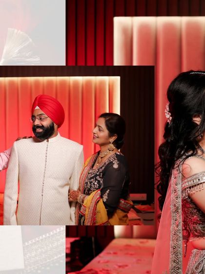 A collage showing the groom getting ready with the help of his family. It captures the sense of community and love that surrounds a wedding celebration.