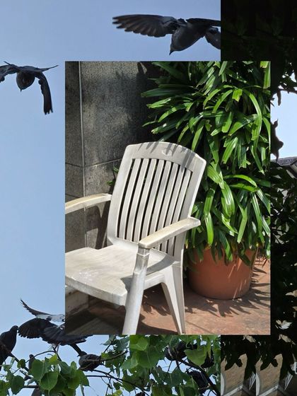A collage playing with light and shadow, featuring a plastic chair on a sunny balcony and birds in flight.