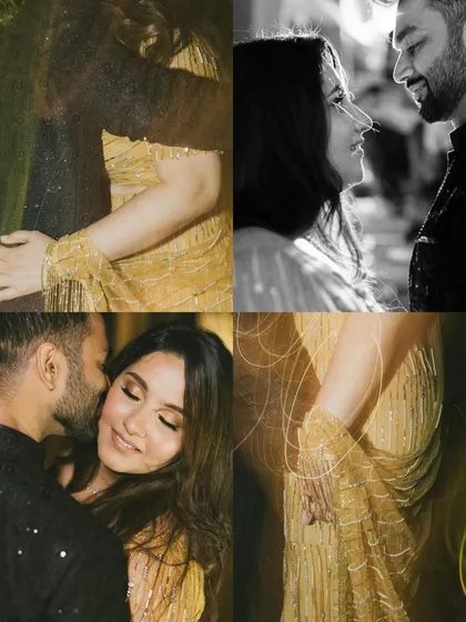 A collage of intimate and artistic portraits of Juhi and Jay. The mix of close-ups and creative lighting effects highlights the romance of their evening.