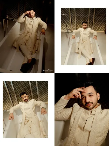 A collage showcasing the groom's unique and stylish portraits. Posing in a bathtub in his full wedding attire, these shots are fun, quirky, and full of personality.