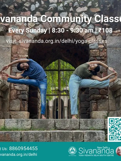 This graphic promotes our weekly Sunday community classes. The image shows two practitioners in a standing side stretch, demonstrating the flexibility and balance gained through yoga.