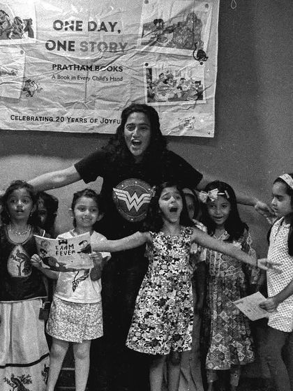 A series of photos from an indoor storytelling session for Pratham Books' 'One Day, One Story' event. This shows my journey as a storyteller, from park sessions to collaborations, and my passion for spreading the joy of reading.
