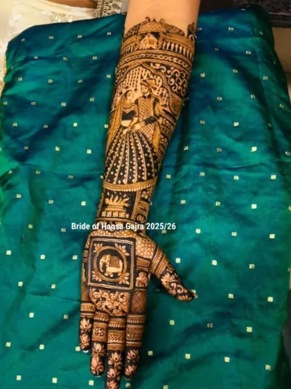 Storytelling can take many forms. For this bride, I created beautiful figures inspired by Radha and Krishna, weaving a tale of divine love into her full-arm bridal mehendi design.