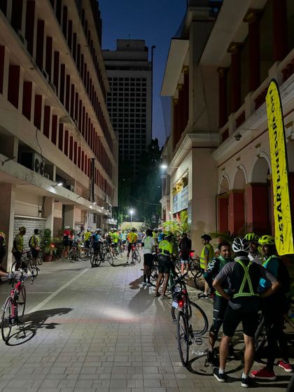 The early morning start of the 'Namma Keregalu' ride, with cyclists getting ready to hit the road.