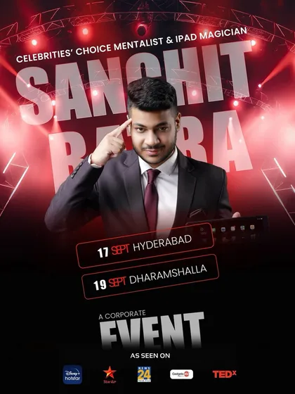 Showtime in Hyderabad and Dharamshalla for a corporate event tour. This poster captures the high-energy, professional look and feel of my corporate stage shows.