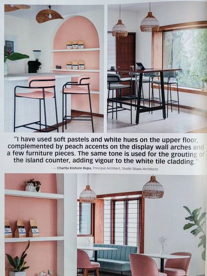 A clipping from a magazine feature on Kana Cafe, quoting my design approach for the upper floor. I used soft pastels and peach accents to complement the white hues and add vigor to the space.