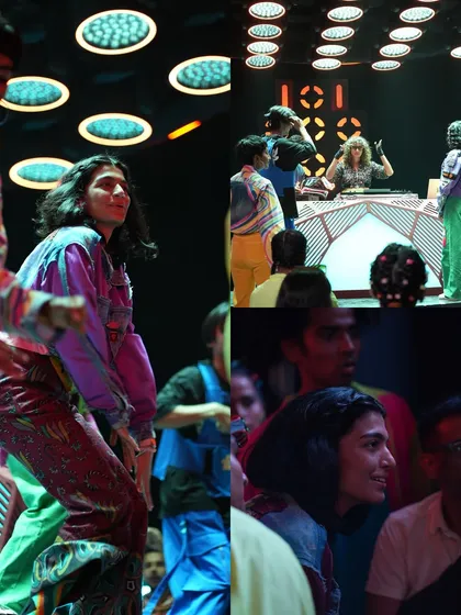 Talent and extras on the colorful, disco-inspired set of the 'Let's Vibe' ad. Our lighting design enhanced the vibrant art direction.