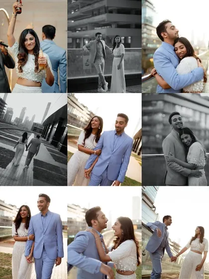 A collage of moments from Aayushi and Harshit's urban pre-wedding shoot. It showcases a variety of moods, from celebratory and fun to romantic and intimate, all set against a modern city backdrop.