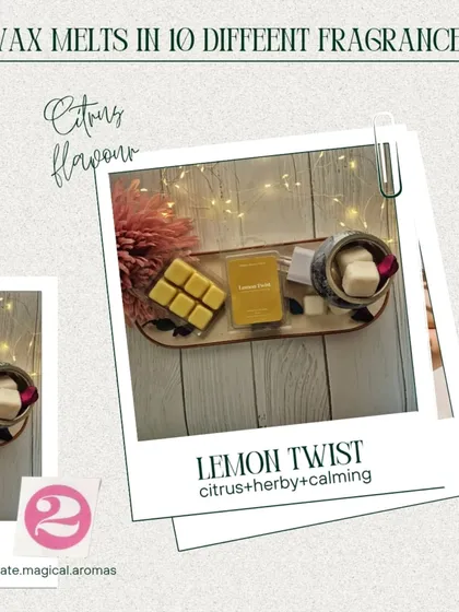 My 'Lemon Twist' wax melts, with their citrus and herby flavor. They are a simple and sensational way to treat yourself to an aromatic experience.