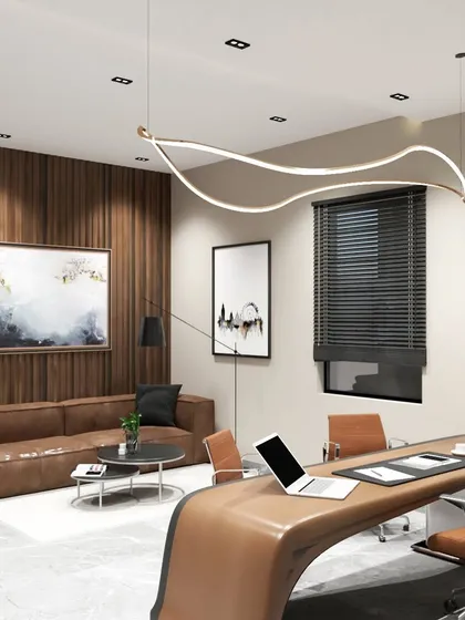 A 3D concept render for a modern executive office cabin in Gurgaon. The design combines a warm wood-paneled feature wall with contemporary furniture and lighting to create a space that is both professional and inviting, perfect for leadership and client meetings.