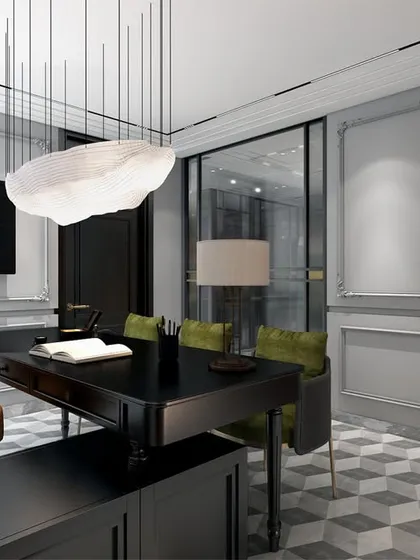 The lawyer's chamber perfectly balances modern and classic elements. Ornate wall detailing is paired with a sleek black desk and a contemporary cloud-like pendant light.