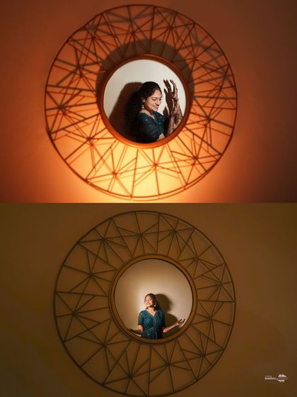 A collage of the bride posing with her intricate Mehendi. The warm lighting and the interesting mirror frame create a series of artistic and elegant portraits.