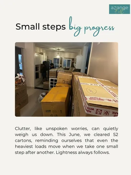 This is what overwhelm looks like: a room full of 52 cartons after a move. We know this feeling all too well. Our job is to take this heavy load off your shoulders, one box at a time, so you can feel the lightness and settle into your new home without the stress.