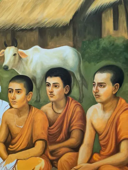 A detailed look at the completed faces of the disciples. Their expressions of concentration and reverence are central to the story of this painting, showing the value of ancient knowledge.