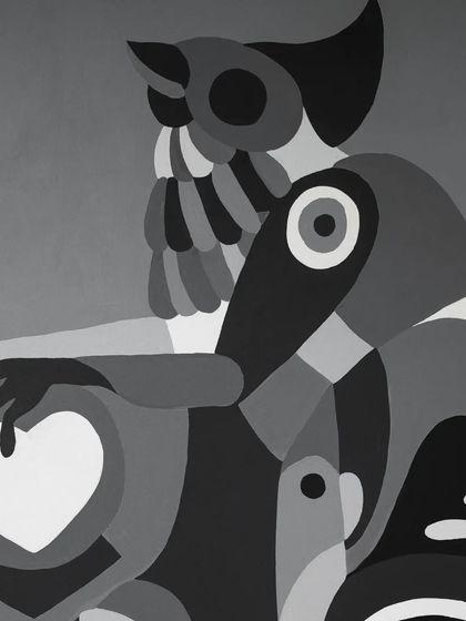 A detail showing an owl-like figure holding a heart.